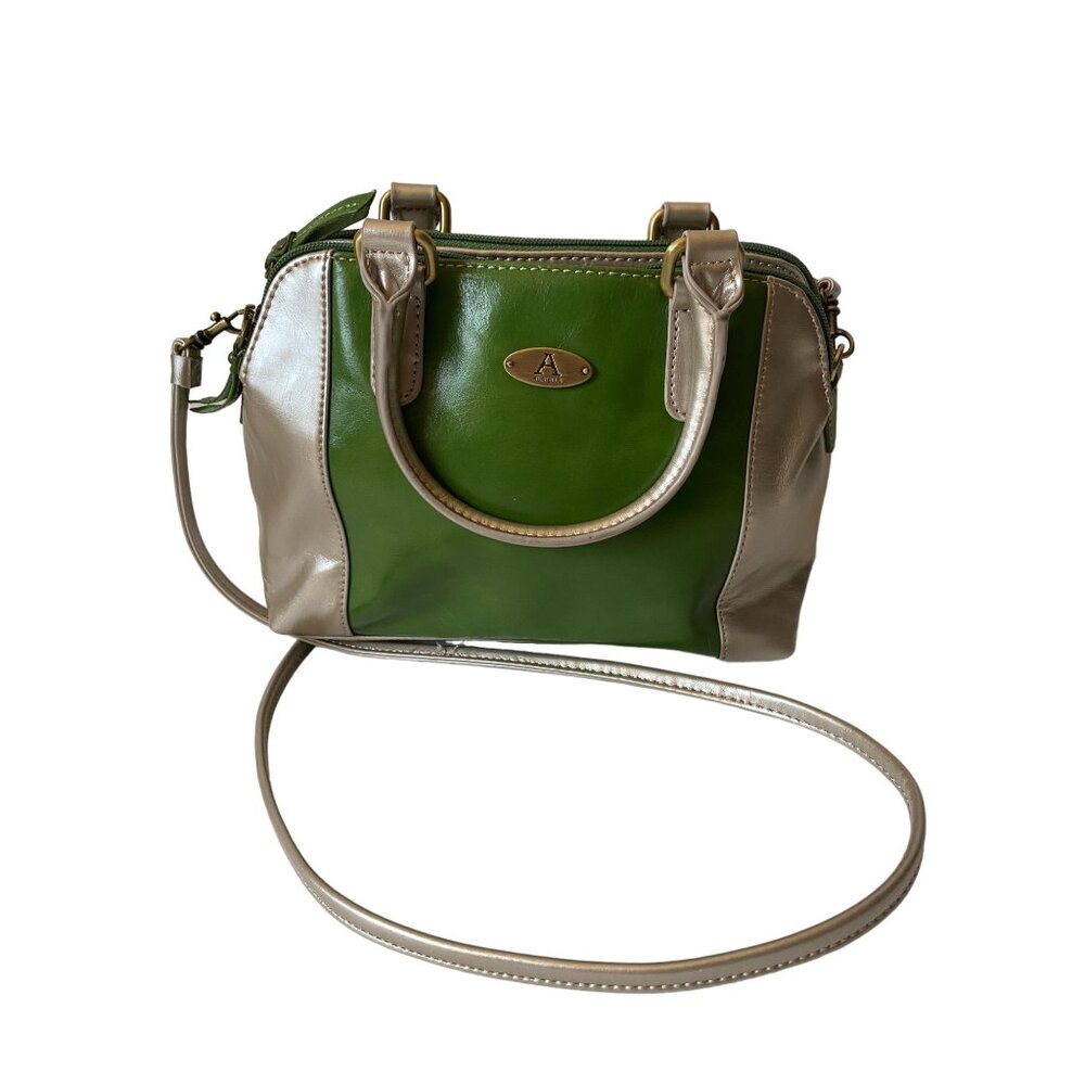 Aurielle leather mini satchel purse handbag crossbody green silver 2 handles